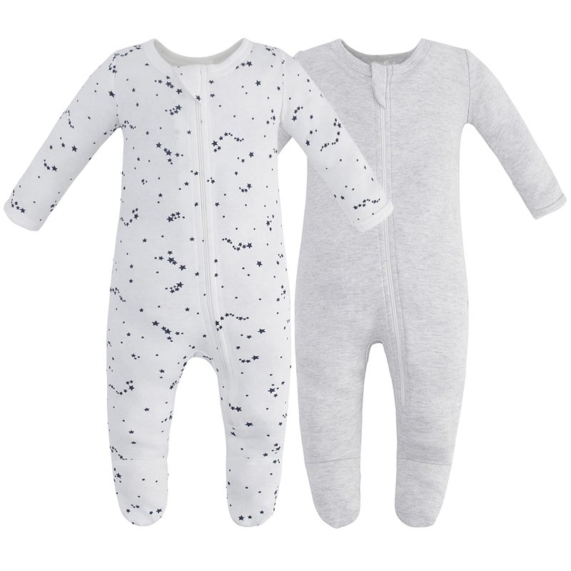 Owlivia Organic Cotton Baby Pajamas, Boys Girls 2-Pack Zip Front Sleep 'N Play, Footed Sleeper, Long Sleeve(0-3 Months, Gray Melange+Blue Star) - Image 1